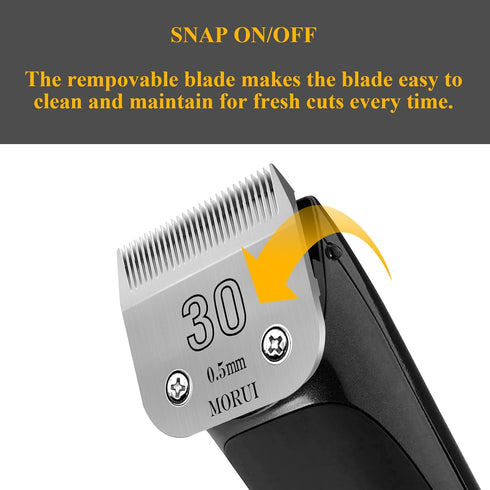 morui Detachable Pet Dog Clipper Blades Carbon-Infused Steel Blade and Stainless Steel UltraEdge Series Blade 30 Cut Length 1/50"(0.5mm) Compatible with Most Andis,Oster A5 Wahl KM Series Clippers