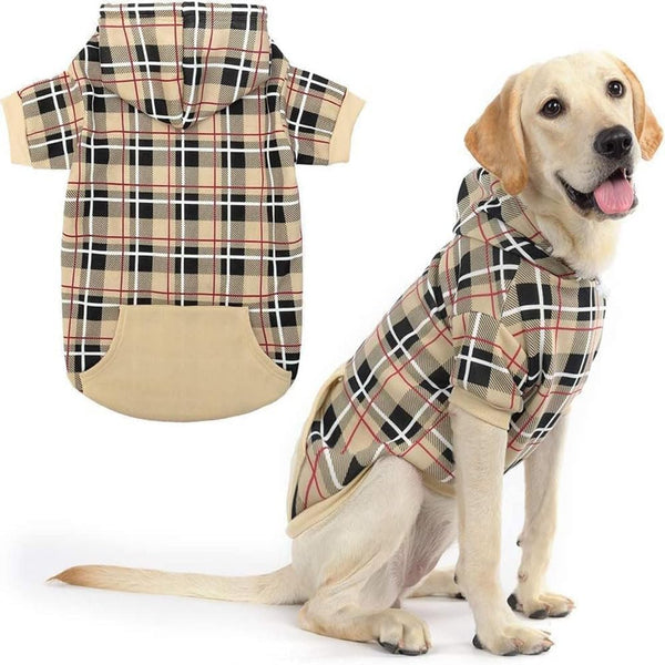 EXPAWLORER Plaid Dog Hoodie - British Style Warm Sweater Shirt with Leash Hole for All Breeds