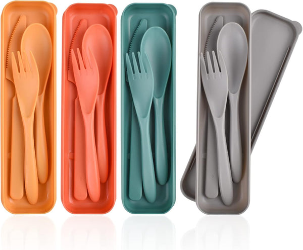 Reusable Travel Utensils Set with Case, 4 Sets Plastic Portable Knife, Fork, Spoons for Kids, Adults, Travel, Picnic,