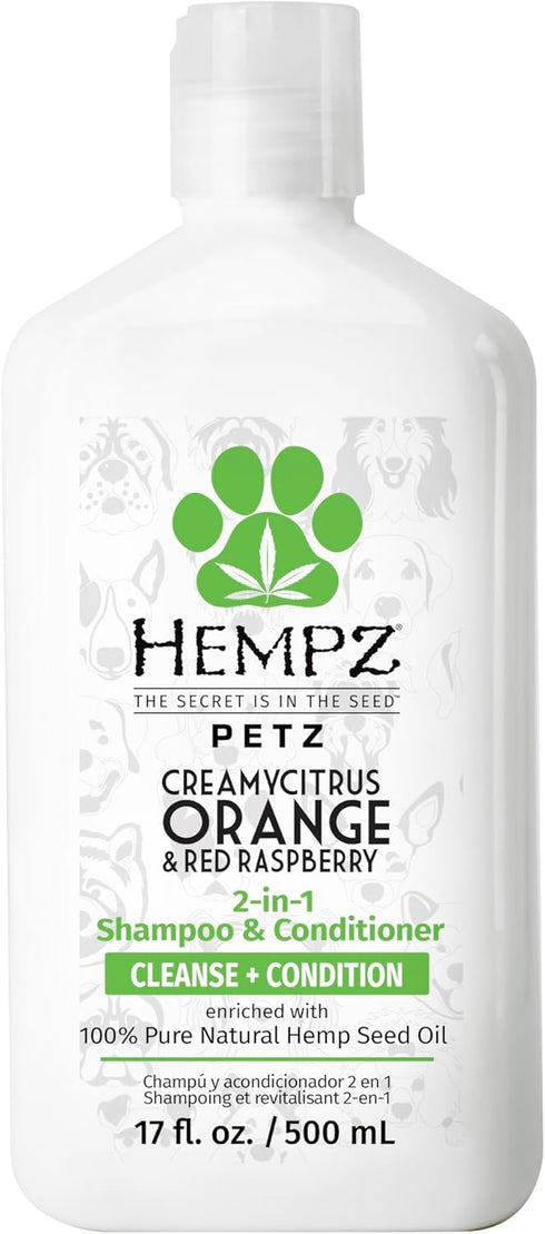 Hempz Petz 2 in 1 Dog Shampoo & Conditioner, Creamy Citrus Orange & Red Raspberry, 17 oz.