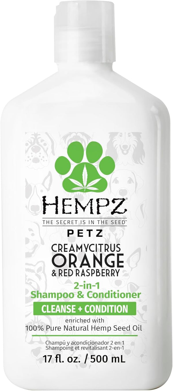 Hempz Petz 2 in 1 Dog Shampoo & Conditioner, Creamy Citrus Orange & Red Raspberry, 17 oz.