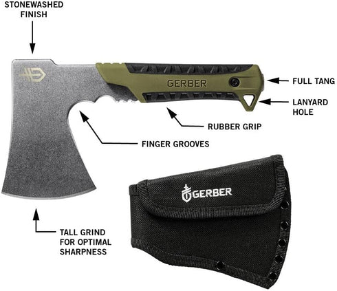 Gerber Gear Pack Hatchet - Camping Hatchet with 3.5" Steel Blade, Full Tang & Mountable Nylon Sheath - Sage Green
