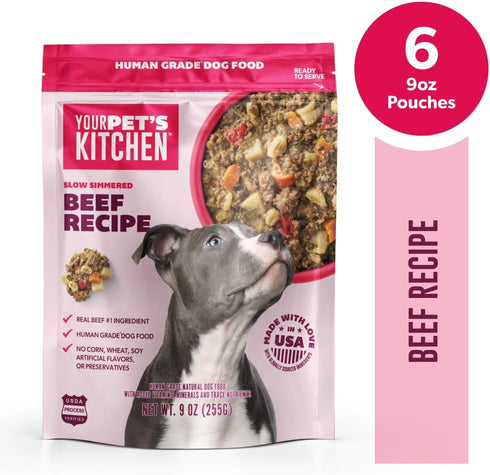 Simmered 9 oz (Pack 6), Your Pet's Kitchen Wet Dog Food, Slow Beef Recipe - Pouch, of Human Grade Pet Food Made in The