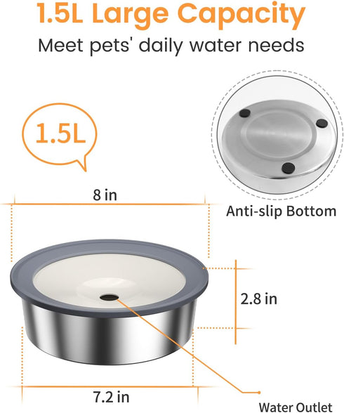 No Spill Dog Water Bowl, 1.5L Stainless Steel Slow Drinking Dish, Splash Proof for Dogs and Cats