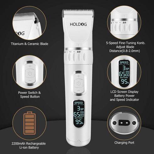 Professional Heavy Duty Dog Grooming Clippers, 3-Speed Low Noise Rechargeable Cordless Tools for Thick Coats
