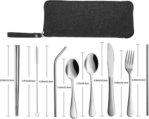 VANDBAO Portable Travel Utensils, 9 Pieces Reusable Silverware Set with Case, Stainless Steel Flatware for Camping