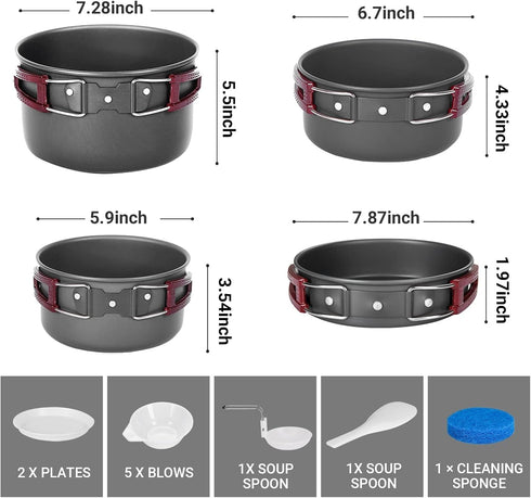 KingCamp Camping Cookware Mess Kit - 7/9/18 Pcs Non-Stick Hard-Anodized Aluminum Set for Outdoor Cooking