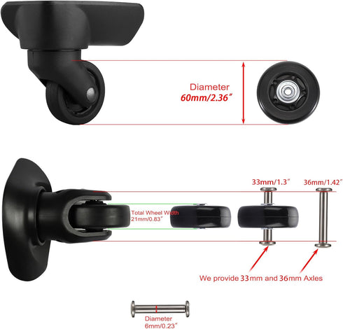 OwnMy Luggage Suitcase Replacement Wheels 60mm x 17mm, Rubber Swivel Caster Repair Kits, Set of 2