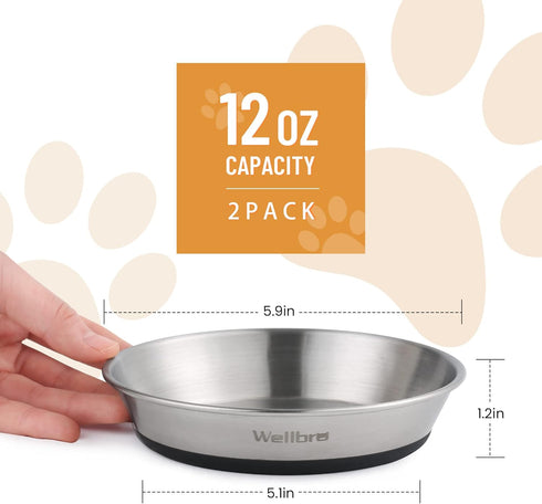 Cat Bowls, 2 Pcs Stainless Steel Bowls for Food and Water, Non-Slip Shallow Dishes for Small Dogs and Cats