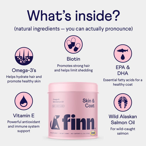 Finn Skin & Coat Salmon Oil Supplement for Dogs, 90 Soft Chews with Omega-3s, EPA & DHA, Biotin & Zinc