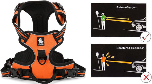 Soft Front Dog Harness, Best Reflective No Pull Harness with Handle and 2 Leash Attachments in Orange