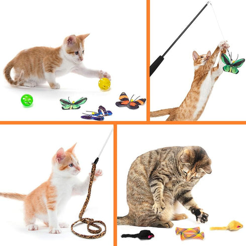 AWOOF Butterfly Cat Wand Toys Set - Realistic Crinkle Catnip Butterflies with Retractable Interactive Wand, 11 PCS