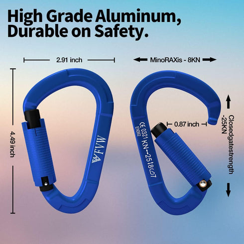 FVW Auto Locking Rock Climbing Carabiner Clips - Professional 25KN Heavy Duty Caribeaners for Rappelling and Gym
