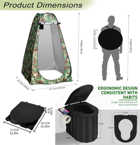 FENNIDICE 14.5'' Portable Toilet for Camping with Pop-Up Privacy Tent, Portable Potty for Adults, Ultralight Foldable