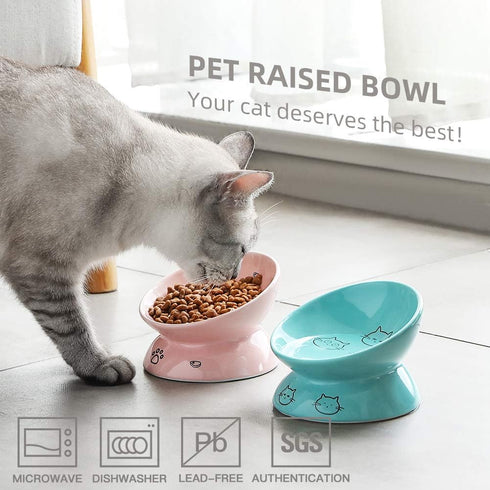 Sweejar Ceramic Raised Cat Bowls, Slanted Cat Dish Food or Water Bowls, Elevated Porcelain Pet Feeder Bowl Protect Cat's Spine, Stress Free, Backflow Prevention (Pink)