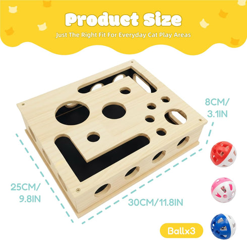 Yumcute 3 Cat Nail File Enrichment Box - Wooden Scratch & Puzzle Toy with Bell Balls, Sandpaper Pad for Indoor Cat Claw