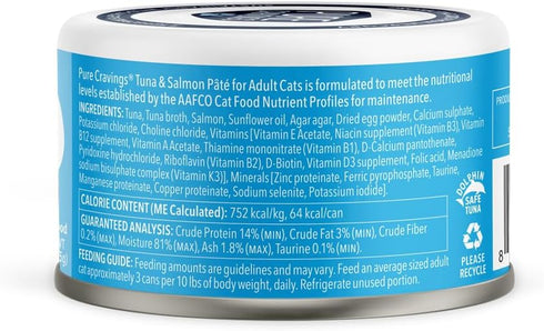 Tuna and Salmon Pate Canned Wet Cat Food, 100% Mercury-Tested, Grain-Free Protein, 12 Pack