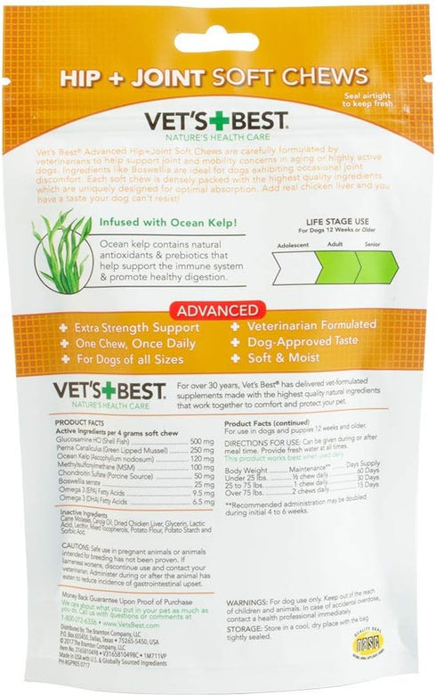 Vet's Best Hip & Joint Soft Chew Dog Supplements - Glucosamine & Chondroitin for Joint Health - 30 Day Supply