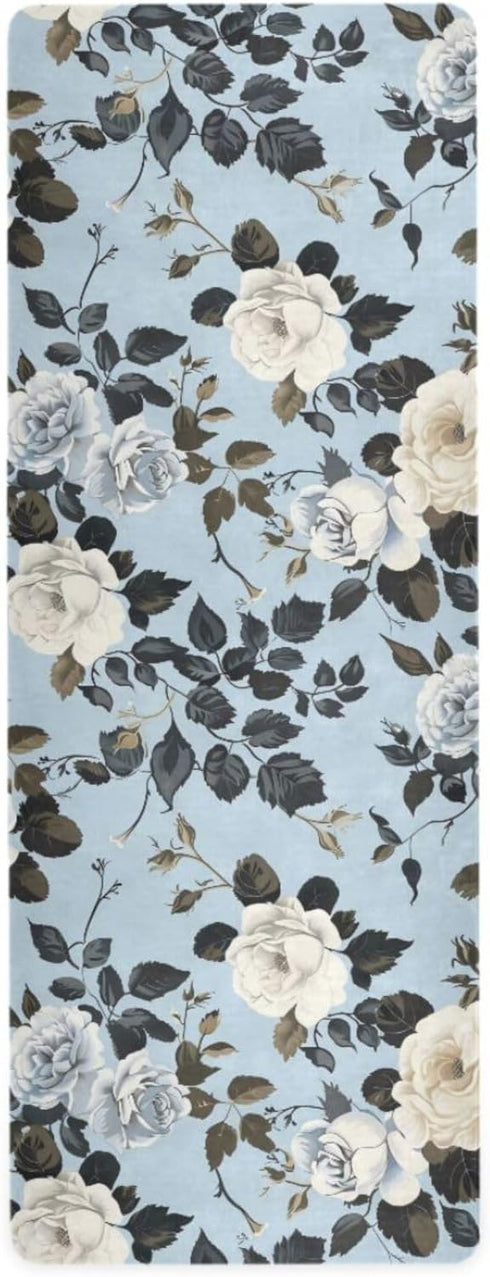 HXshaoye 71x26 inches 1 MM Elegant Vintage Flower Rose White Baby Blue thin yoga mat non slip for outdoor printed
