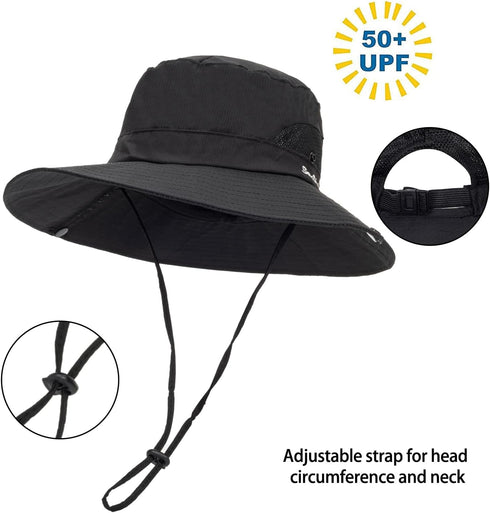 Womens Summer Sun Hat Beach Hat Wide Brim Outdoor UV Protection Hat Packable Mesh Bucket Hat with Ponytail Hole