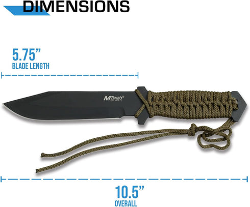 MTech USA – Fixed Blade Knife –Black Stainless Steel Blade, Green Cord Wrapped Handle, Full Tang, Includes Nylon Sheath - Hunting, Camping, Survival, Tactical, EDC – MT-528C, Small by MTECH USA