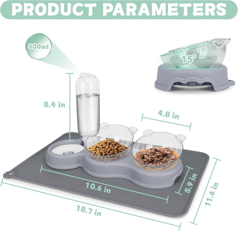 Triple Cat Bowls for Food and Water, YECERCAN Plastic Raised Cat Food Bowls with Automatic Water Bottle & Waterproof Mat for Cat/Small Dogs, 3 in 1 Pet Feeder for Wet/Dry Food