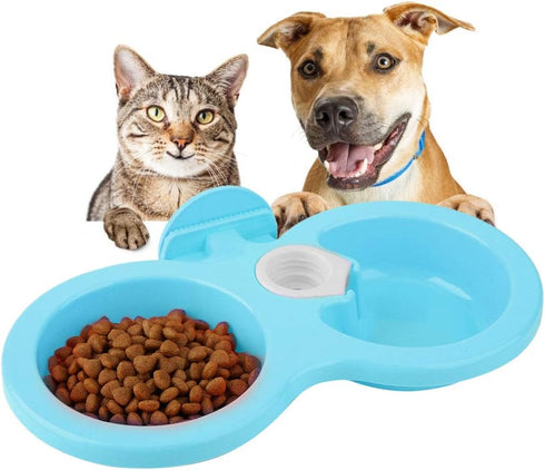 Pssopp Double Dog Bowl, Hanging Pet Food and Water Feeder, Plastic, Blue
