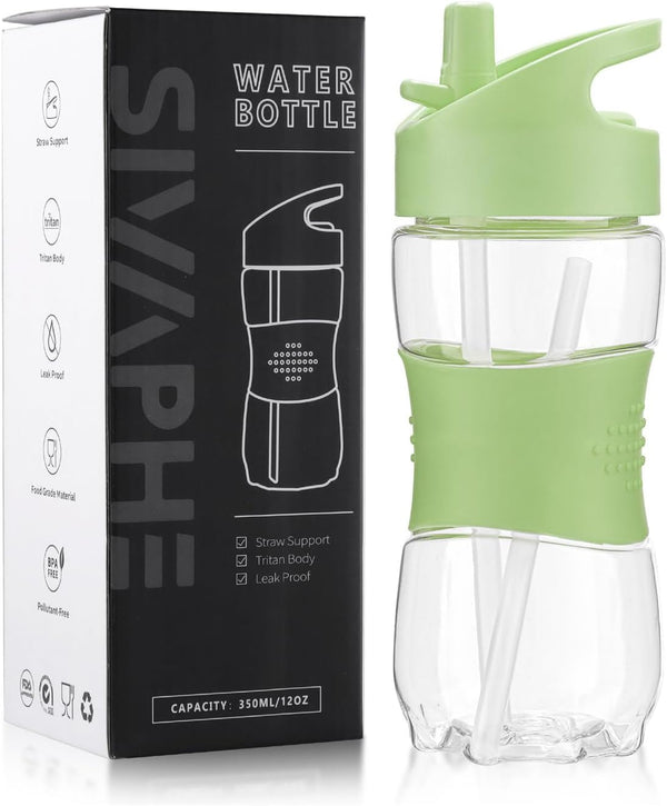 Sivaphe Clear Water Bottle with Straw, 12 oz, Portable Tritan Sports Drinking Bottle, Green