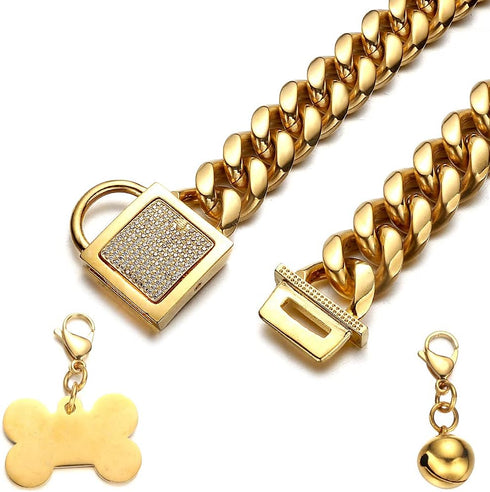 Strong Chain Dog Collar for Large Dogs, Gold Cuban Link with Bling Cubic Zirconia Buckle, 18mm Metal Chain with Gold