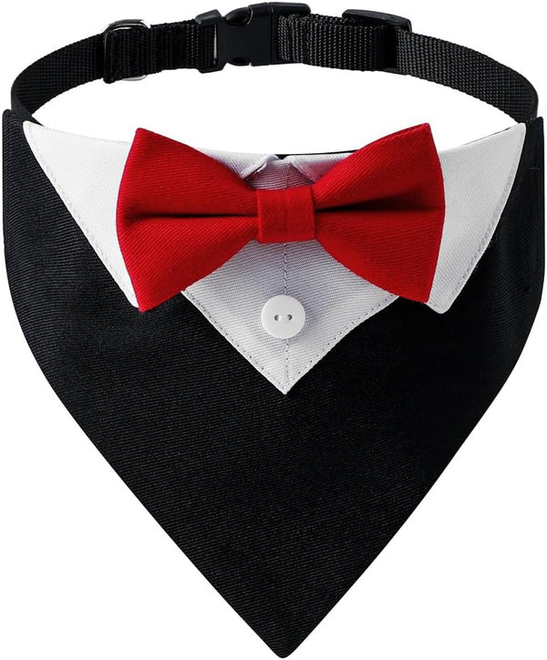 Dog Tuxedo Collar Suit for Wedding Engagement and Birthday, Formal DogTux Bandana Costume with Red Bow Tie, Adjustable
