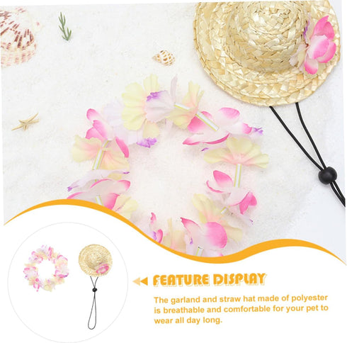 1 Set Mini Straw Hat and Flower Headband for Pets, Cat Floral Headpiece, Hawaiian Dog Hat, Puppy Grooming Accessories