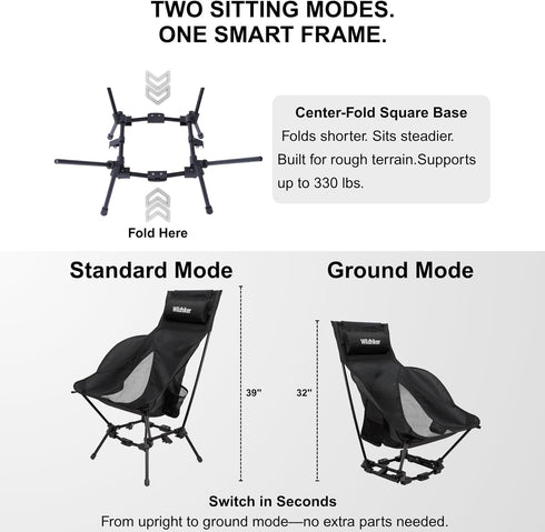 Wildhiker Compact High Back Camping Chair - Foldable with Dual Sitting Modes, Pillow, Arm Pads and Side Pockets
