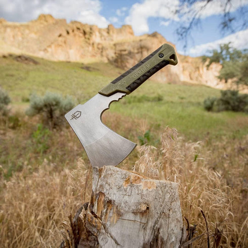Gerber Gear Pack Hatchet - Camping Hatchet with 3.5" Steel Blade, Full Tang & Mountable Nylon Sheath - Sage Green
