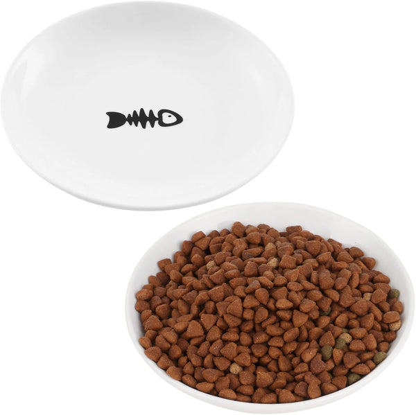 2 Pcs Cat Bowls, Wide & Shallow Ceramic Dishes for Whiskey Fatigue Relief, 15cm/6’’ Cute Fish Bone Design