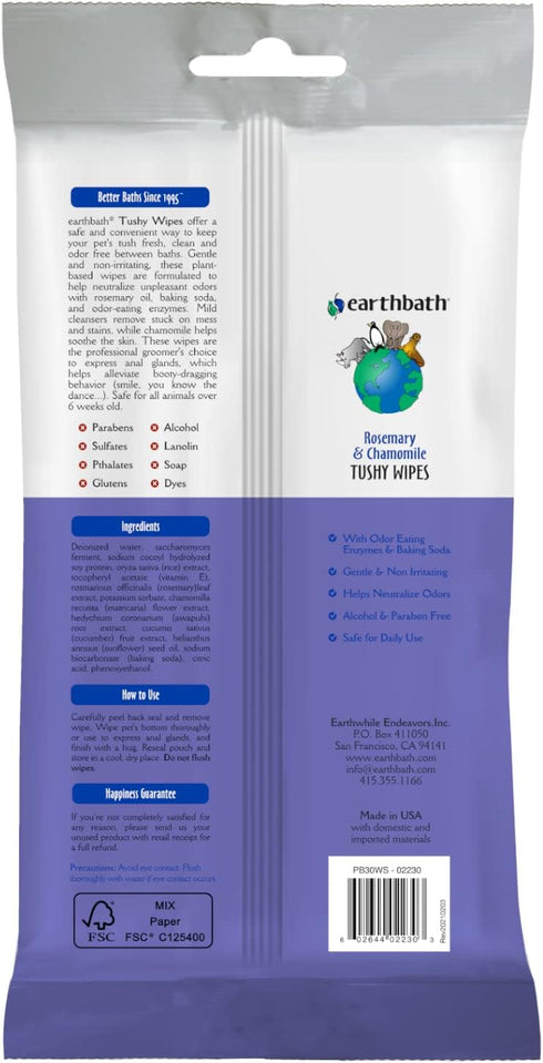 earthbath Rosemary & Chamomile Tushy Wipes, Dog Wipes for Paws and Butt, Cruelty-Free Cleaning Wipes, 30 Count