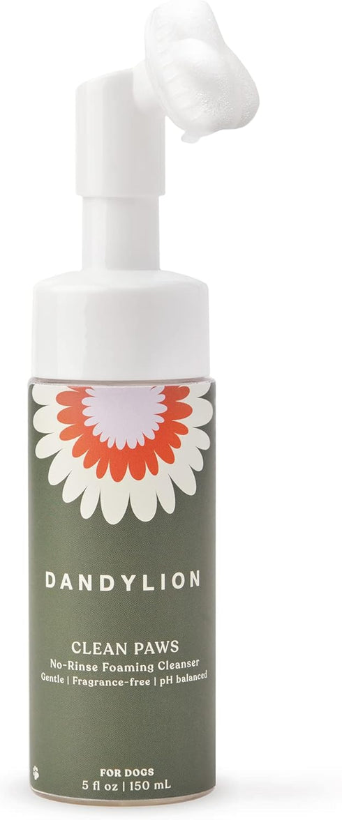 Dandylion Clean Paws No-Rinse Foaming Cleanser | Gentle, Fragrance-Free, pH Balanced | 5fl oz. with Brush