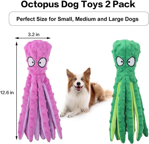 Dog Squeaky Toys Octopus - No Stuffing Crinkle Plush Chew Toys for Puppy Teething, 2 Pack for Small, Medium, Large Dogs