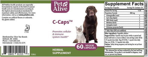 PetAlive C-Caps, All Natural Herbal Supplement for Dogs and Cats, Promotes Cellular and Immune Health, 60 Veggie Caps