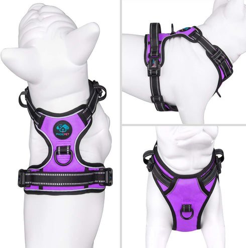 PHOEPET Reflective Dog Harness for Large Breeds - No Pull Vest with 2 Metal Leash Attachment Hooks (L, Purple)