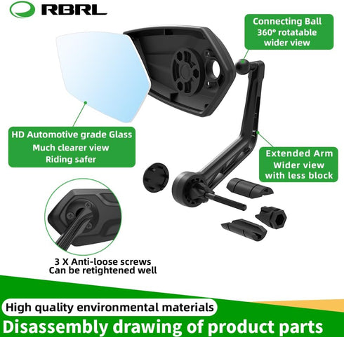 RBRL Bike Mirror Bar End, Rotatable Bicycle Mirror, Scratch Resistant E-Bike Universal Rearview Mirrors