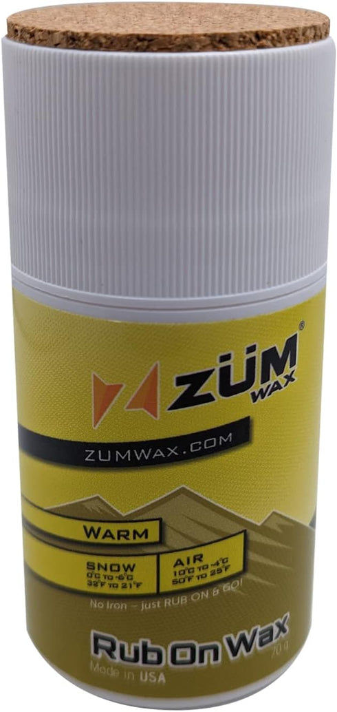 ZUMWax Rub-On Ski/Snowboard Wax 70g, WARM Temperature, Easy Cork Applicator, Made in USA