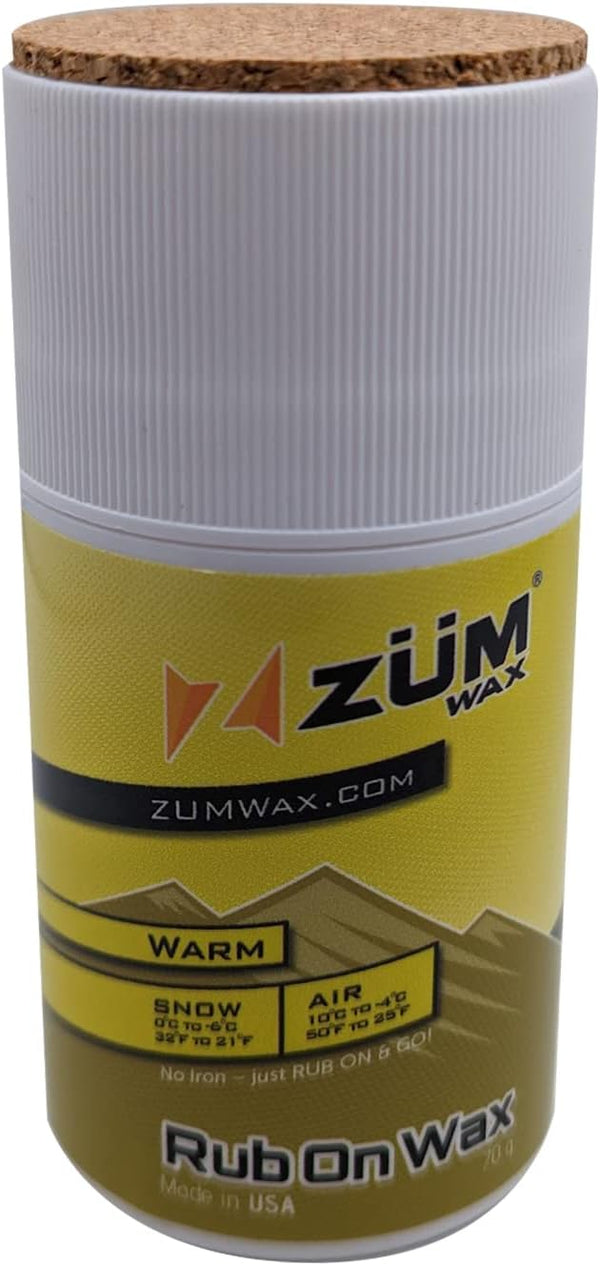 ZUMWax Rub-On Ski/Snowboard Wax 70g, WARM Temperature, Easy Cork Applicator, Made in USA