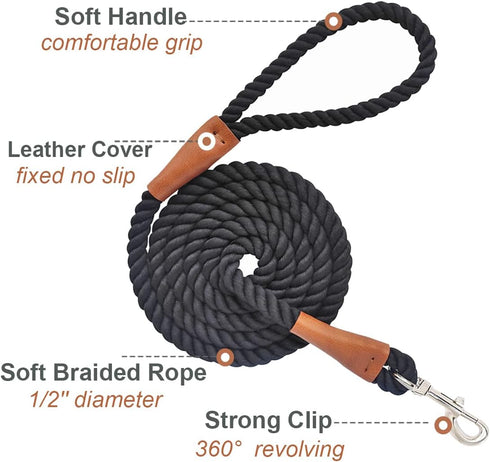 6 FT Rope Dog Leash, Soft Strong Braided Leash with Leather Tailor Connection, Pet Leash for Small Medium Large Dogs