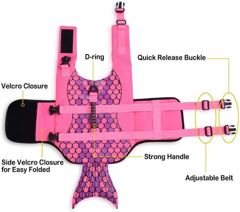 Queenmore Dog Life Jacket, Adjustable Ripstop Shark Safety Vest with High Buoyancy and Durable Rescue Handle, Pink Fish