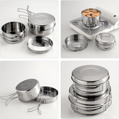 Set Set Backpacking Toyvian Outdoor Camping Cookware Stainless Steel Pot Pan Foldable Handle Portable Cooking Kit