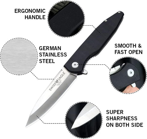 Swiss Eagle Defender Folding Knife EDC 3.62" Steel Balde G10 Tactical Handle Pocket Knife by Swiss Eagle