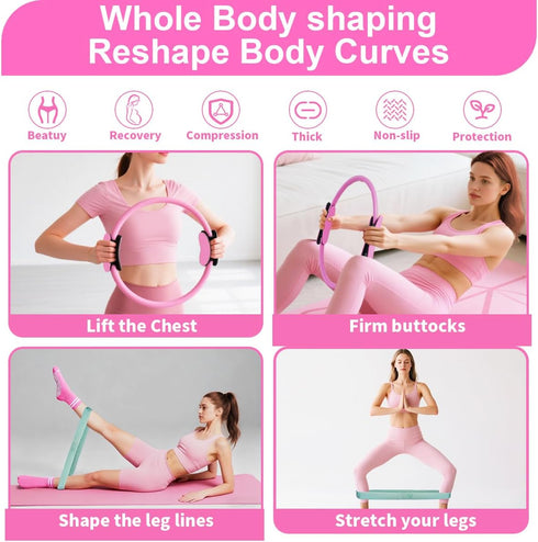 CoreHarmony Pilates Equipment Kit for Women, Magic Circle Ring with Mini Ball, Multi Level Resistance Bands, Stretch