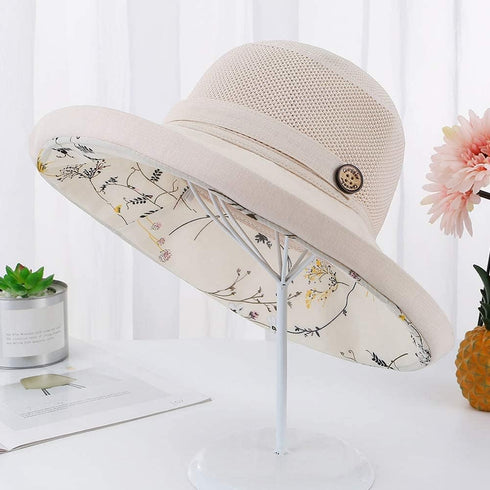 Women's Foldable Fishing Hat, Mesh Sun Hats, Wide Brim Summer Outdoor UV Protection Beach Bucket Cap with Chin Strap