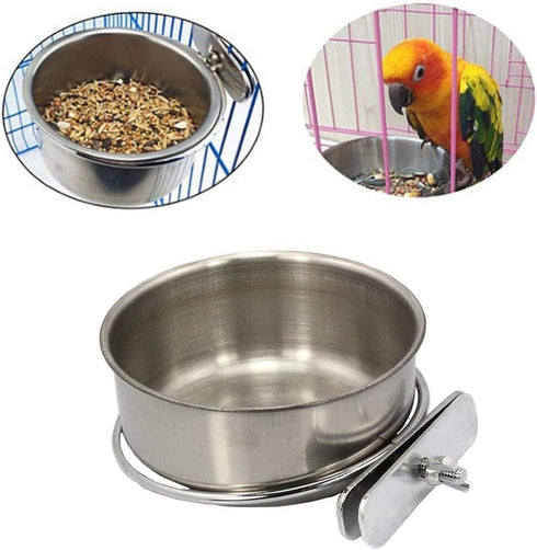 PINVNBY Stainless Steel Parrot Feeding Cups, Food Dish with Clamp Holder for Cockatiel, Conure, Budgies, Pack of 6