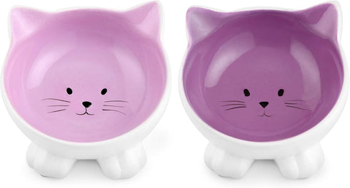 Navaris Cat Bowls with Ears - 2 Pack Ceramic Cat Feeding Dishes with Anti Slip Silicone Feet, Cat Shaped Bowls Set